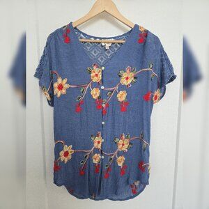 Anthropologie | Fig and Flower Blue Floral Embroidered Button Up, Sz M